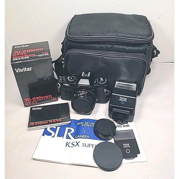 VINTAGE Sears KSX 35mm SLR Camera 1Lens 1 Flash Bag Untested
